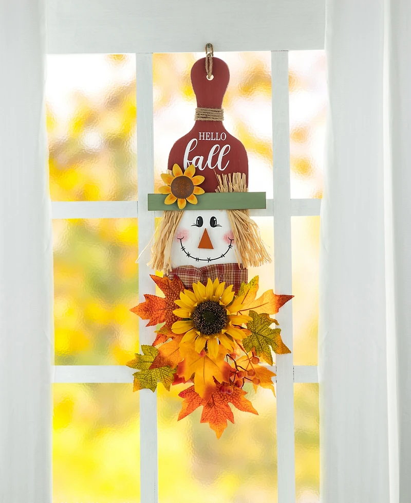 Glitzhome 26"H Fall Wooden Scarecrow Floral Door Hanger
