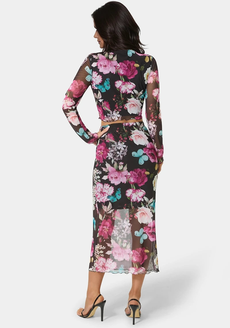 Bebe Women's Mesh Printed Two Piece Long Sleeve Set