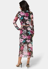 Bebe Women's Mesh Printed Two Piece Long Sleeve Set