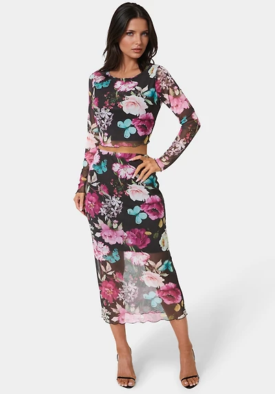Bebe Women's Mesh Printed Two Piece Long Sleeve Set