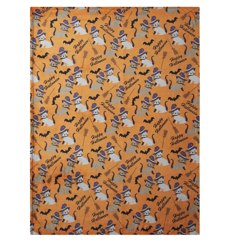 Kate Aurora Oversized Halloween Orange Spooky Cats & Broomstick Ultra Soft & Plush Accent Throw Blanket - 50 in. W x 70 in. L