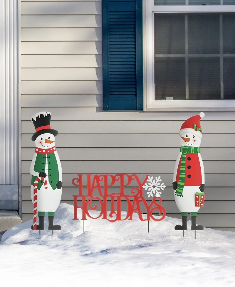 Glitzhome 32"H Set of 3 Christmas Metal Snowman and Happy Holidays Yard Stake