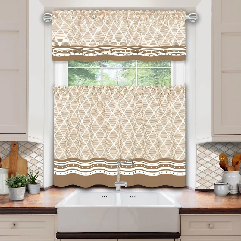 Kate Aurora Chevron Sunflower Complete Cottage Kitchen Curtain Tier & Valance Set