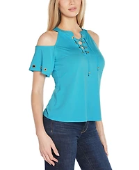 Belldini Women's Cold-Shoulder Grommet Trim Knit Top