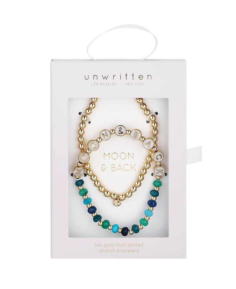 Unwritten Multi Blue Quartz Moon Back Stone and Beaded Stretch Bracelet Set