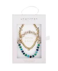 Unwritten Multi Blue Quartz Moon Back Stone and Beaded Stretch Bracelet Set