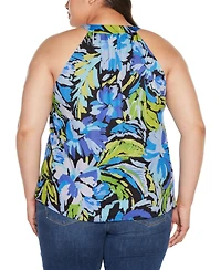 Belldini Black Label Plus Abstract Floral Tie-Neck Sleeveless Top