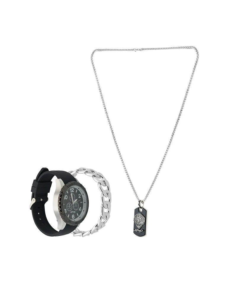 Ed Hardy Men's Matte Black Silicone Strap Watch 46mm Gift Set