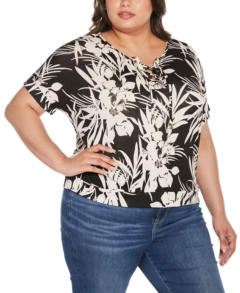 Belldini Plus Floral Print Lace-Up Top