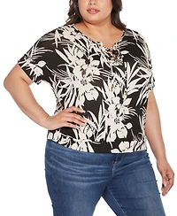 Belldini Plus Floral Print Lace-Up Top