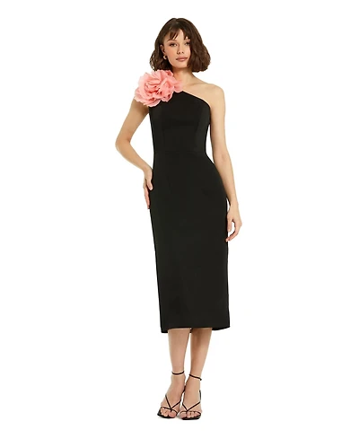 Mac Duggal Women's Crepe One Shoulder Flower Detail Midi Dress