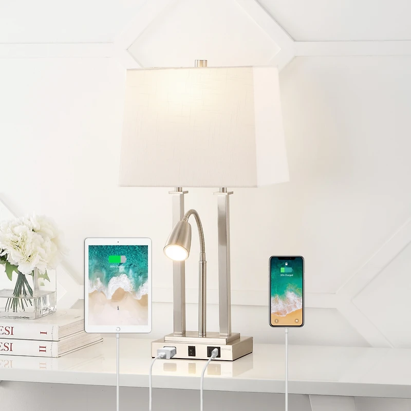 Jonathan Y Blaire 23.75" 2-Light Modern Farmhouse Metal Led Table Lamp with Usb Charging port, Adjustable Reading Light and Ac Outlet, Oil Rubbed Bron