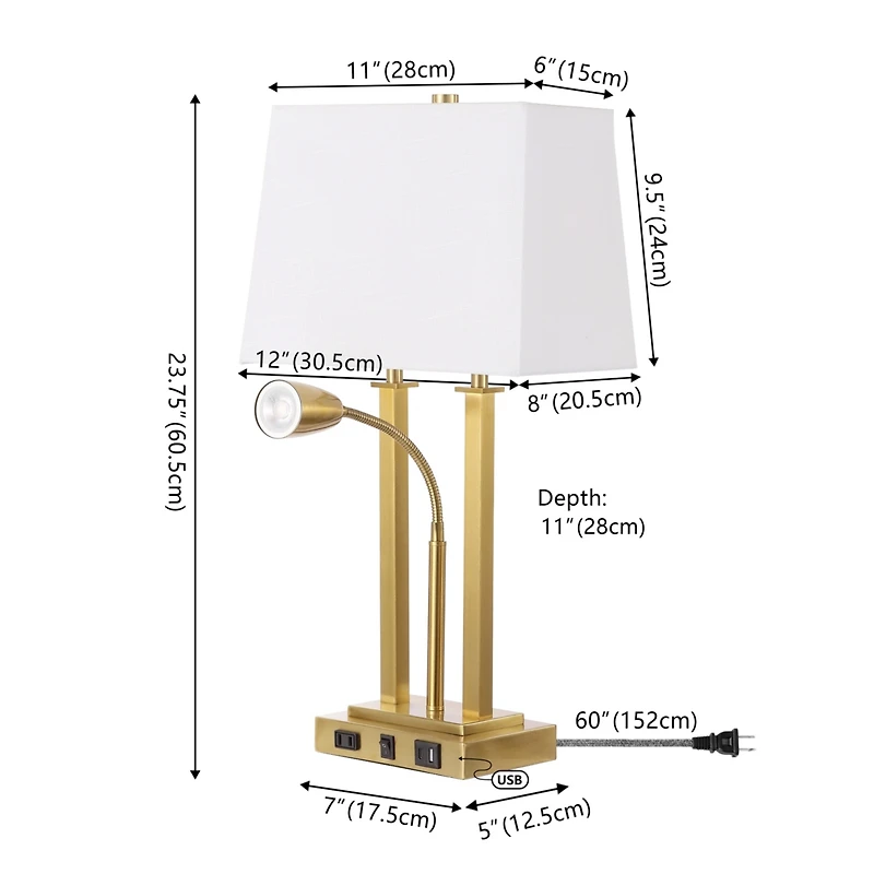 Jonathan Y Blaire 23.75" 2-Light Modern Farmhouse Metal Led Table Lamp with Usb Charging port, Adjustable Reading Light and Ac Outlet, Oil Rubbed Bron