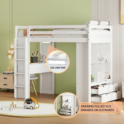 Simplie Fun Twin Size Loft Bed With Large Shelves, Writing Desk And Led Light, White