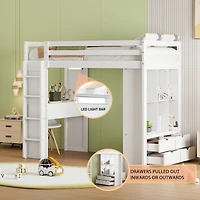Simplie Fun Twin Size Loft Bed With Large Shelves, Writing Desk And Led Light, White