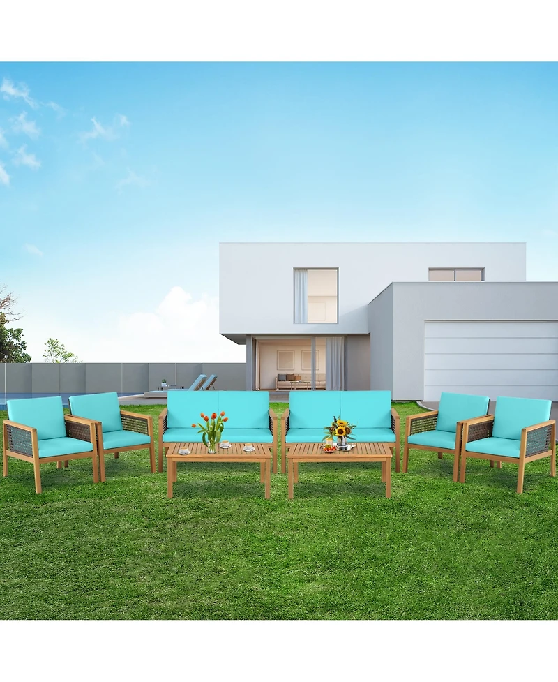 Gymax 8PCS Patio Acacia Wood Furniture Set Pe Rattan Conversation Set w/ Turquoise Cushions