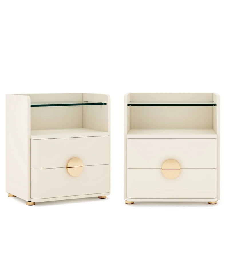 Tribesigns 2-Drawer Nightstand Set of 2, Modern Nightstands with Open Storage, Wooden Bedside Table for Bedroom, Side End Table with Gold Round Metal