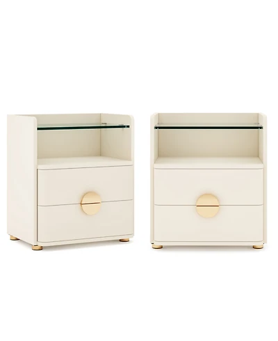 Tribesigns 2-Drawer Nightstand Set of 2, Modern Nightstands with Open Storage, Wooden Bedside Table for Bedroom, Side End Table with Gold Round Metal