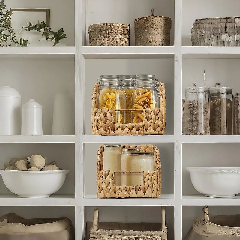 Casafield (Set of 2) Water Hyacinth Pantry Baskets with Handles - Natural, Medium and Large Size Woven Storage Baskets for Kitchen Shelves - Natural