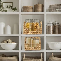 Casafield (Set of 2) Water Hyacinth Pantry Baskets with Handles - Natural, Medium and Large Size Woven Storage Baskets for Kitchen Shelves - Natural