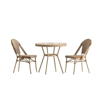 Merrick Lane Celia Bistro Style Table With Glass Top, Pe Rattan, Stack Chairs