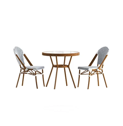 Merrick Lane Celia Bistro Style Table With Glass Top, Pe Rattan, Stack Chairs