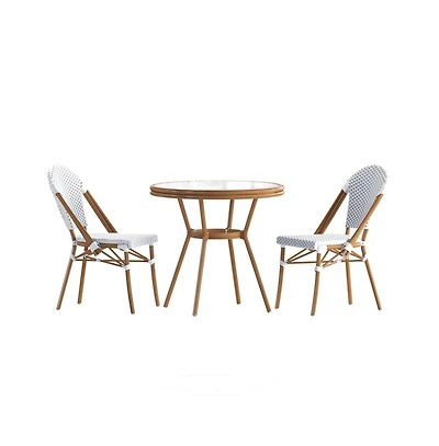 Merrick Lane Celia Bistro Style Table With Glass Top, Pe Rattan, Stack Chairs