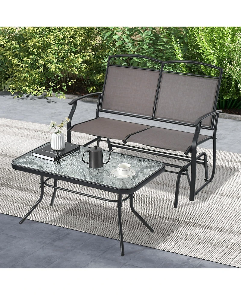 Outdoor Gliding Loveseat Chair with Tempered Glass Coffee Table