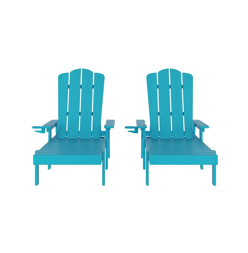 Merrick Lane Solvang Set Of 2 Indoor/Outdoor Adjustable Adirondack Loungers With Fold Out Cupholders- Recycled All-Weather Hdpe Lounge