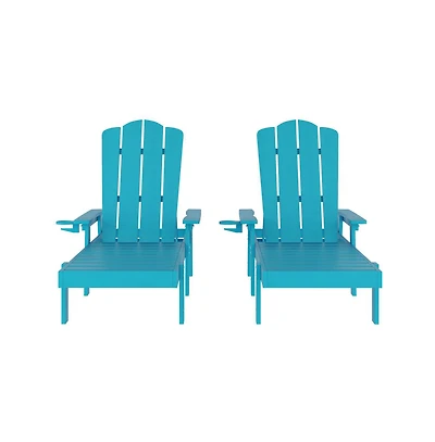 Merrick Lane Solvang Set Of 2 Indoor/Outdoor Adjustable Adirondack Loungers With Fold Out Cupholders- Recycled All-Weather Hdpe Lounge