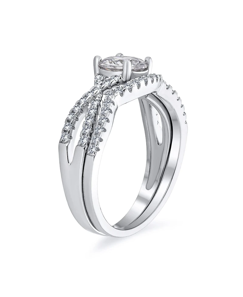 Bling Jewelry Set 2CT Solitaire Cubic Zirconia Pave Cz Twist Criss Cross Infinity Promise Ring Band Sterling Silver
