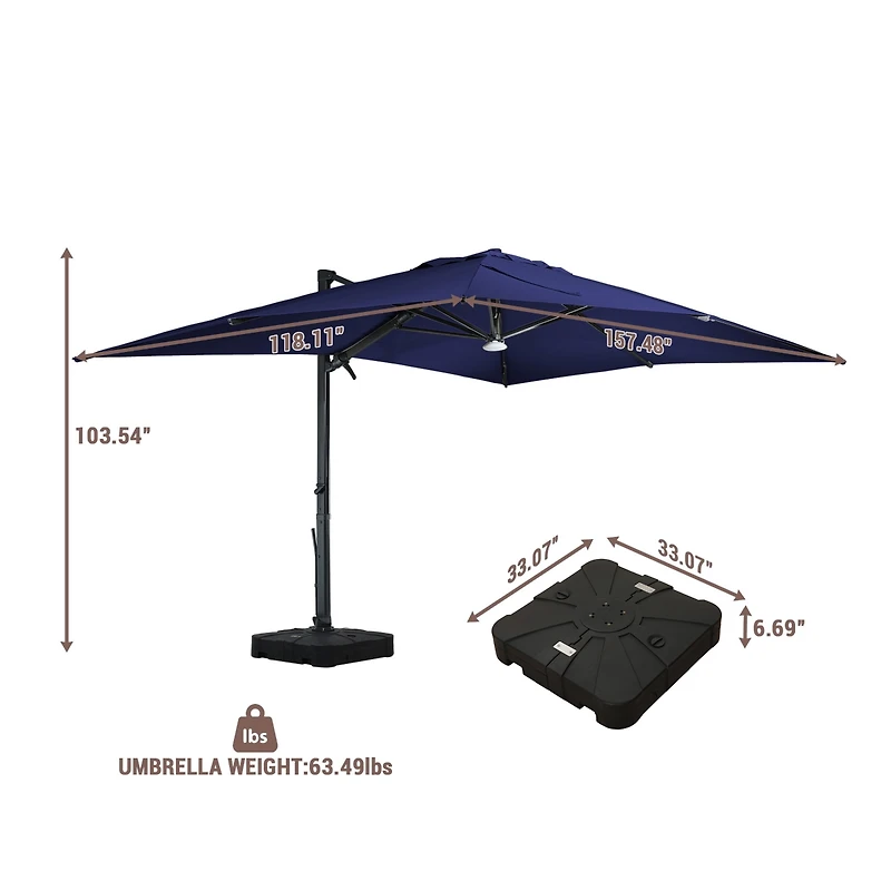 Mondawe 120" Square Cantilever Umbrella with Detachable Led Atmosphere Light and Bluetooth Player, w/ Weight Base Included