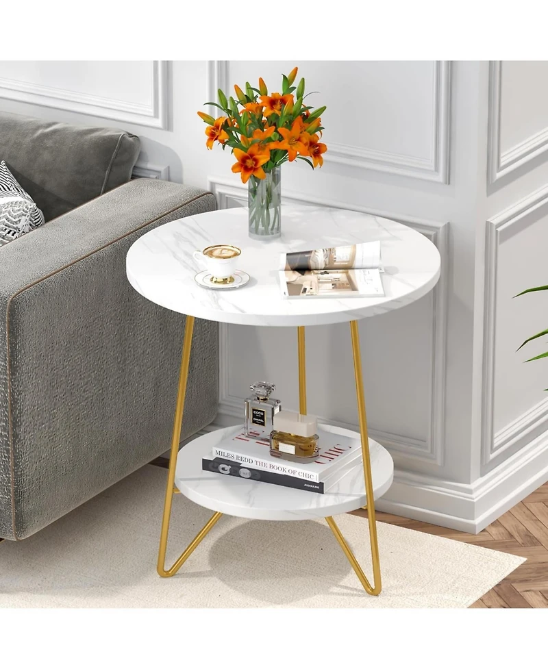 Tribesigns Faux Marble End Table, 2 Tier Round Side Table with Shelves, Modern Gold Nightstand Bedside Table Small Coffee Accent Table for Living Room