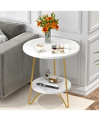 Tribesigns Faux Marble End Table, 2 Tier Round Side Table with Shelves, Modern Gold Nightstand Bedside Table Small Coffee Accent Table for Living Room