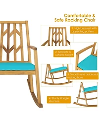 Sugift Patio Acacia Wood Rocking Chair Sofa with Armrest and Cushion for Garden Deck