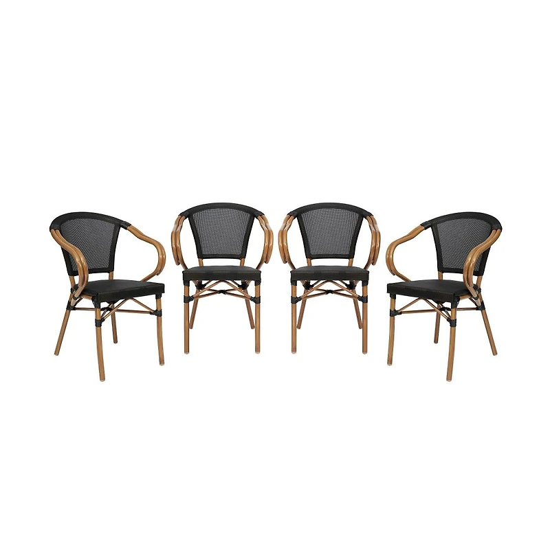 Merrick Lane Mael Set Of Four Stacking Thonet Bistro Style Chair With Arms, Textilene Seat, And Bamboo Finished Metal Frame For Indoor/Outdoor Use