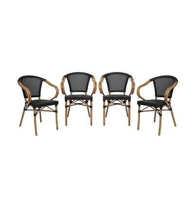 Merrick Lane Mael Set Of Four Stacking Thonet Bistro Style Chair With Arms, Textilene Seat, And Bamboo Finished Metal Frame For Indoor/Outdoor Use