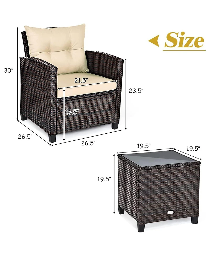 Vebreda Sugift 3 Pieces Rattan Patio Furniture Set with Washable Cushion