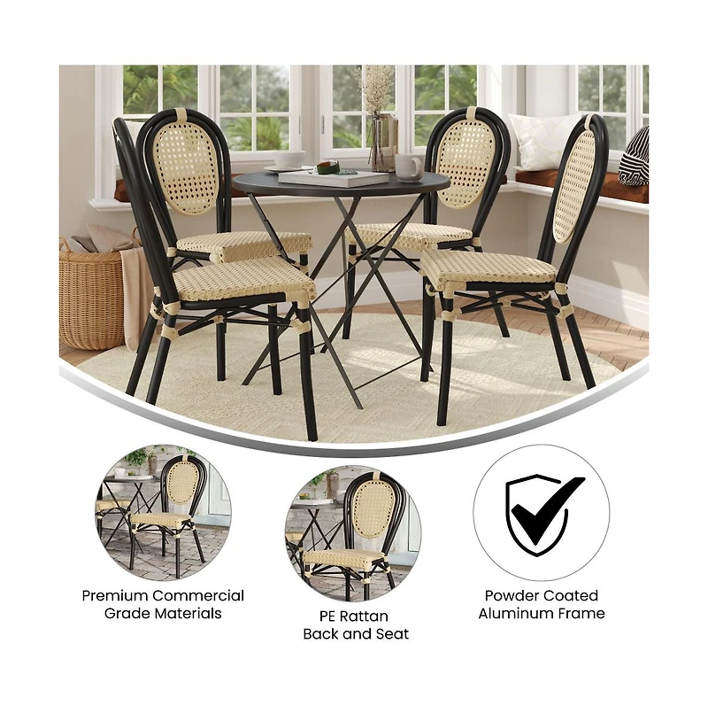 Merrick Lane Toulon Set Of Four Stacking Thonet Bistro Style Chair, Pe Cane Rattan Seat, And Metal Frame For Indoor/Outdoor Use