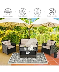 Gymax 4pcs Patio Rattan Conversation Set Cushioned Outdoor Furniture Set