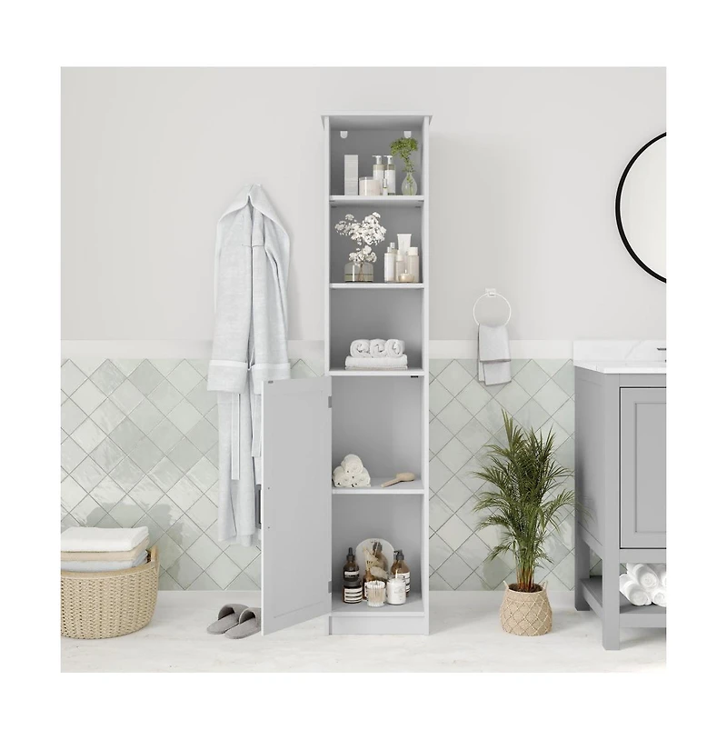 Merrick Lane Vigo Slim Linen Tower Organizer With Adjustable Cabinet Shelves, Open Shelves, And Magnetic Closure Doors