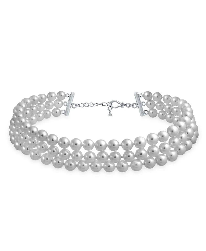 Bling Jewelry Hand Knotted 3 Row White Simulated Pearl Strand Collar Necklace Prom