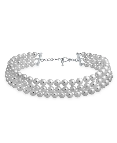 Bling Jewelry Hand Knotted 3 Row White Simulated Pearl Strand Collar Necklace Prom