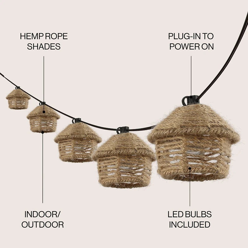 Jonathan Y Maui 10-Light Indoor/Outdoor 10 ft. Mid-Century Vintage Led G40 Tiki Hut Hemp Rope Shaded String Lights, Brown