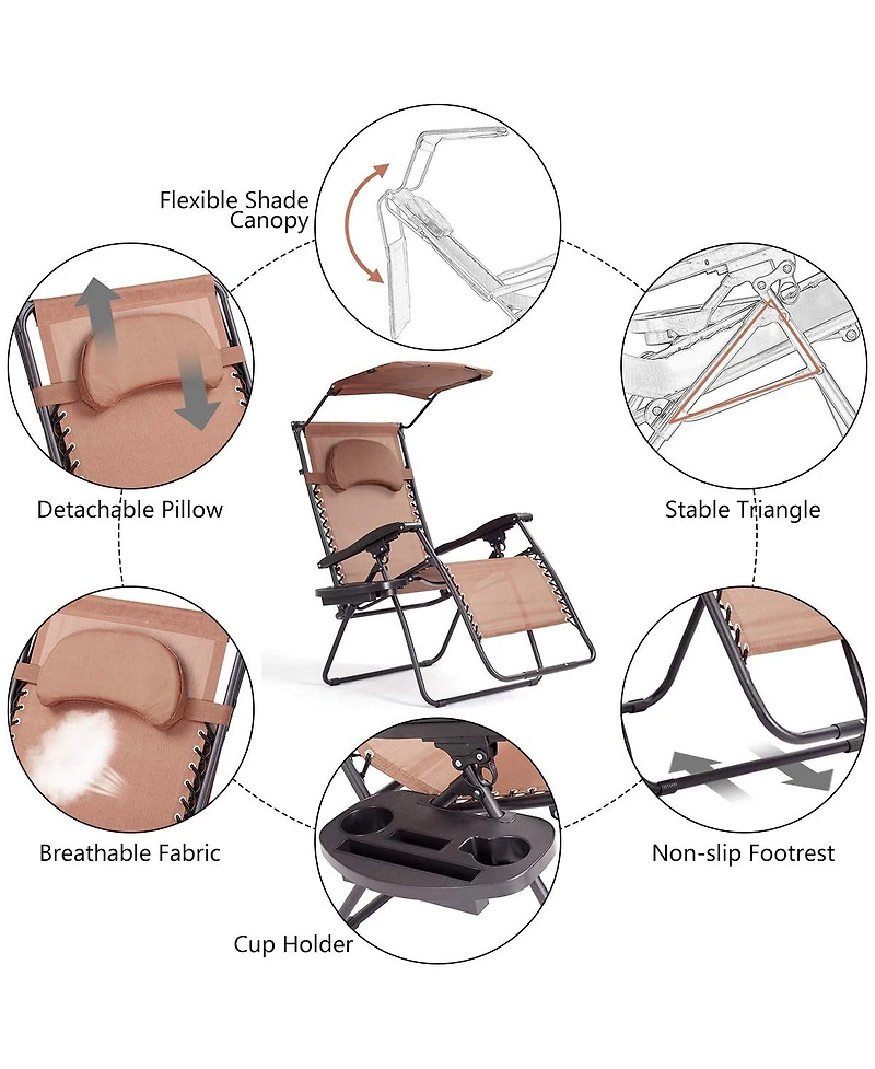 Inolait Sugift Folding Recliner Lounge Chair with Shade Canopy Cup Holder