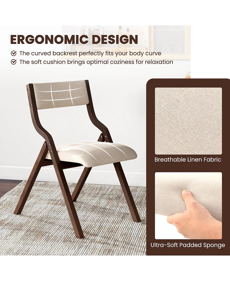Sugift Set of 2 Wooden Folding Dining Chair with Linen Fabric Padded Seat and Backrest