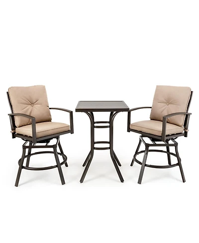 Sugift 3 Pieces Patio Swivel Bar Table Set with Removable Cushions and Rustproof Metal Frame