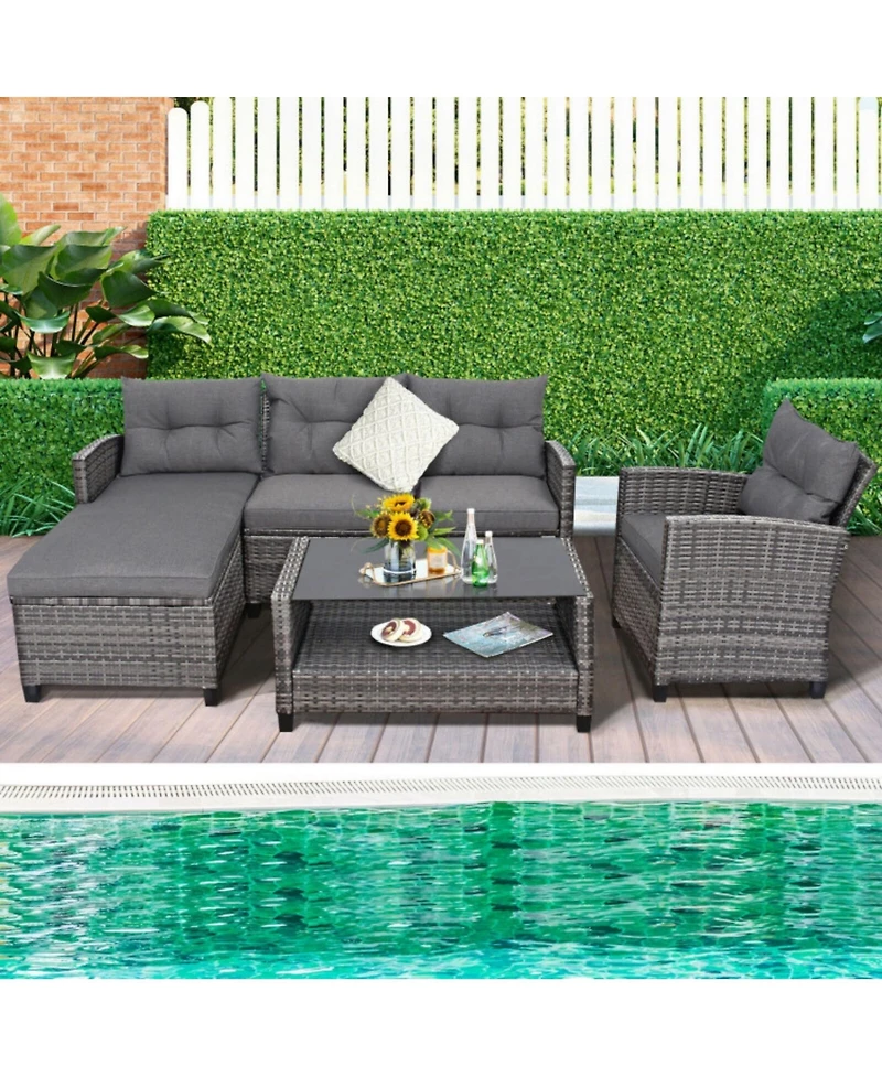Sugift 4 Pieces Patio Rattan Furniture Set with Cushion and Table Shelf