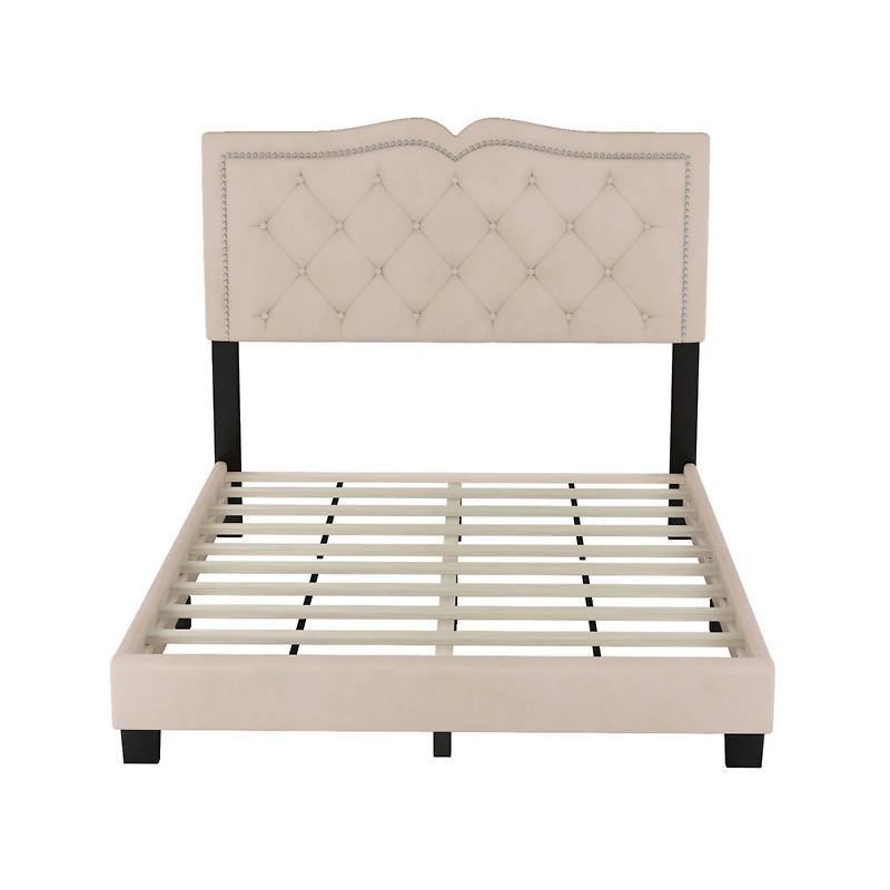 Streamdale Modern Gray Velvet Bed with Rivet Design & Tufted Headboard