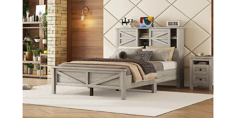 Rustic Full Size Farmhouse Bed with Charging Station